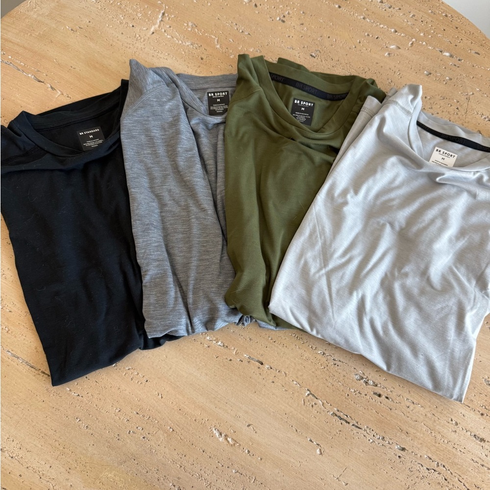 Four Banana Republic BR Sport Black, Olive and Gray Short Sleeve Athletic Tees